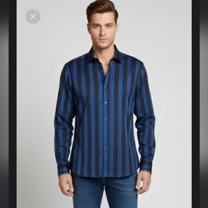 Age of wisdom,blue, black, striped button-front long sleeve shirt, men's size L